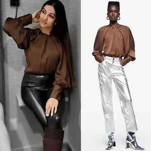 NWT ZARA Satin Pleated Neck Puff Long Sleeve Draped Cutout Open Back Bodysuit XS